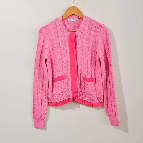 Zara Cable Knit Cardigan -Bubblegum pink/Hot pink - Women's Size M -6427/038/630 - Picture 2 of 9